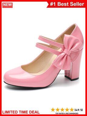 Women's Mary Jane Pumps Bow Double Strap 3.54 Inch Chunky Block Heel Dress Shoes